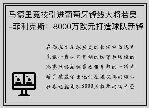 马德里竞技引进葡萄牙锋线大将若奥-菲利克斯：8000万欧元打造球队新锋霸