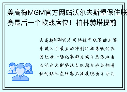 美高梅MGM官方网站沃尔夫斯堡保住联赛最后一个欧战席位！柏林赫塔提前降级命运未卜 - 副本